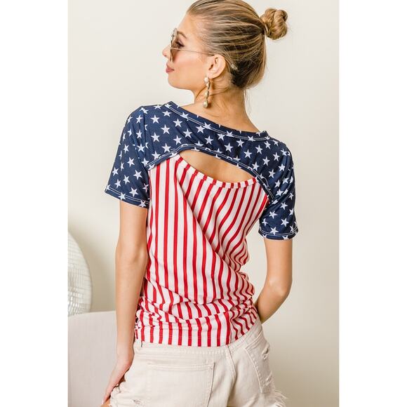 BiBi American Flag Theme Front Cut Out Short Sleeves Round Neck Top | Red Stripe - Picture 5 of 12
